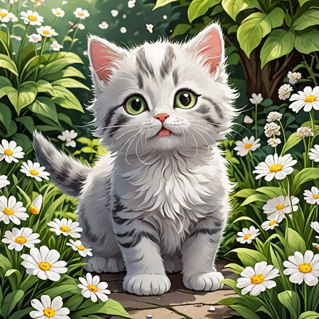 a painting of a kitten sitting in a field of flowers and daisies with a butterfly in the background, sots art, a character portrait, Fan Qi, official art