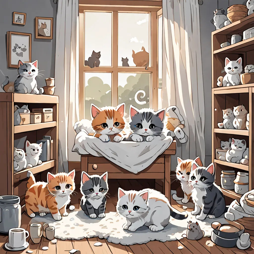 a group of cats sitting on a bed in a room with a window and a rug on the floor, furry art, a storybook illustration, Beatrix Potter, trending on art station