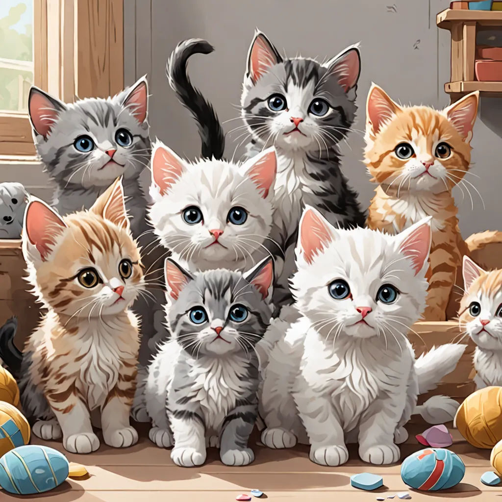 a group of kittens standing next to each other in front of a window with easter eggs on the floor, furry art, a detailed painting, Brothers Hildebrandt, hd wallpaper