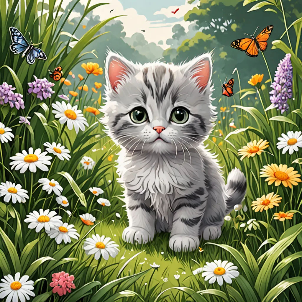 a painting of a kitten sitting in a field of flowers and daisies with butterflies flying above it and a butterfly in the sky, fantasy art, a storybook illustration, Annabel Kidston, game art