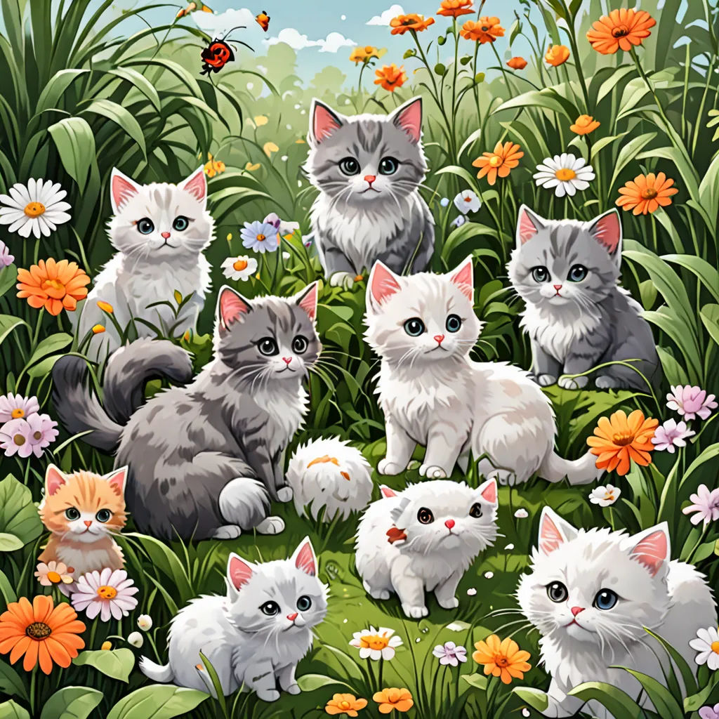 a painting of a group of cats in a field of flowers and daisies with a ladybug in the background, furry art, a storybook illustration, Annabel Kidston, detailed illustration