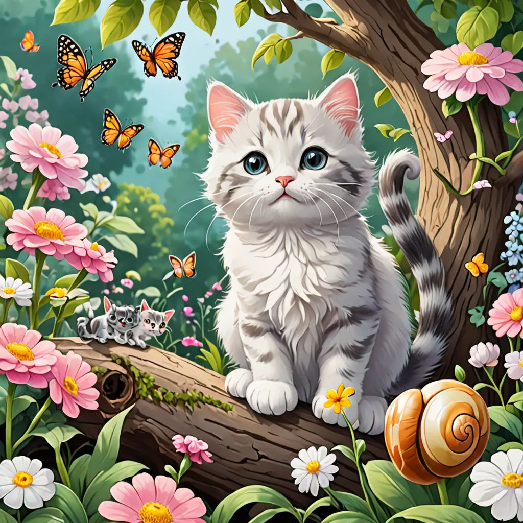 a painting of a cat sitting on a log in a forest with flowers and a snail on the ground, fantasy art, a storybook illustration, Anne Stokes, nature