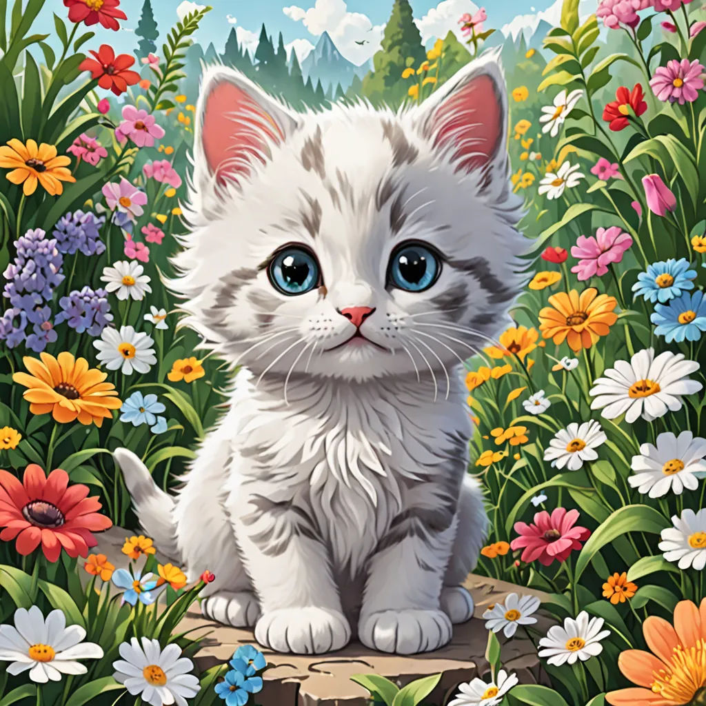 a white kitten sitting on a rock in a field of flowers and daisies with a blue eyed cat, furry art, computer graphics, Chris LaBrooy, highly detailed digital painting