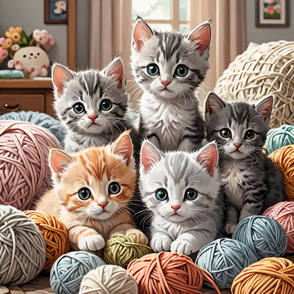 a group of kittens sitting on top of a pile of balls of yarn next to a window with a cat sitting on top of the balls, net art, a detailed painting, Chris LaBrooy, highly detailed digital painting