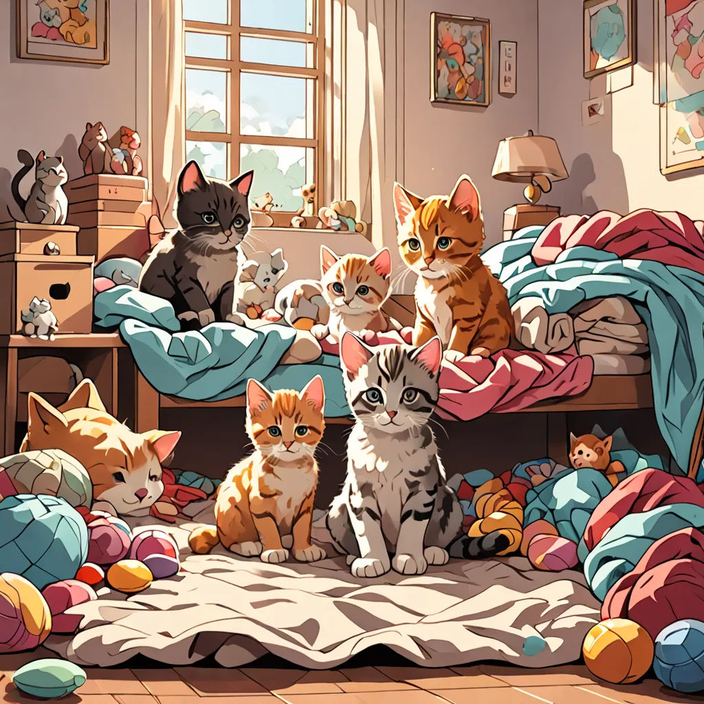 a group of cats sitting on top of a bed in a bedroom next to a window and a rug, furry art, a storybook illustration, Dan Mumford, rossdraws global illumination