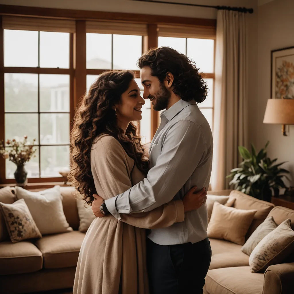a man and woman standing in front of a window in a living room with a couch and a large window, romanticism, a stock photo, Anthony Devas, portrait photography