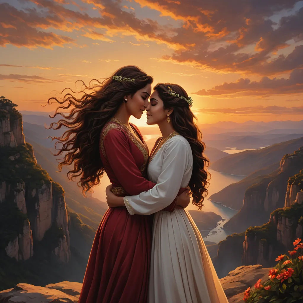 a painting of two women in a dress kissing each other in front of a sunset over a mountain range, fantasy art, a storybook illustration, Christophe Vacher, official art
