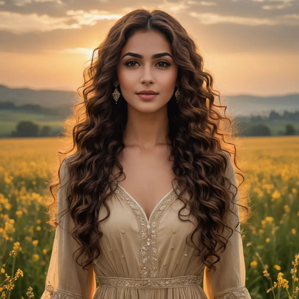 a woman with long hair standing in a field of flowers at sunset with a sky background and clouds in the sky, samikshavad, a photorealistic painting, Elina Karimova, jayison devadas