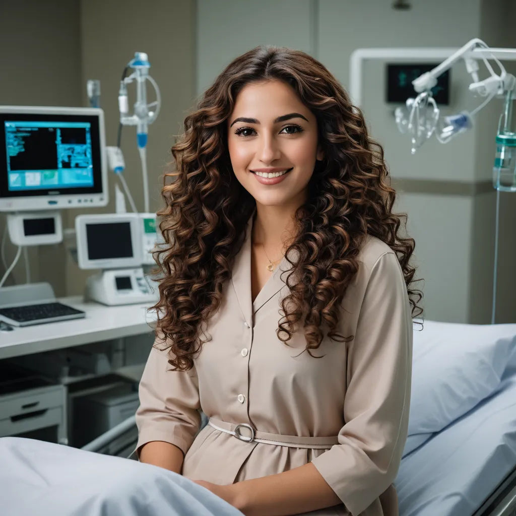 a woman sitting in a hospital bed with a monitor and laptop on the desk behind her and a monitor on the wall, neoplasticism, a stock photo, Araceli Gilbert, promotional image