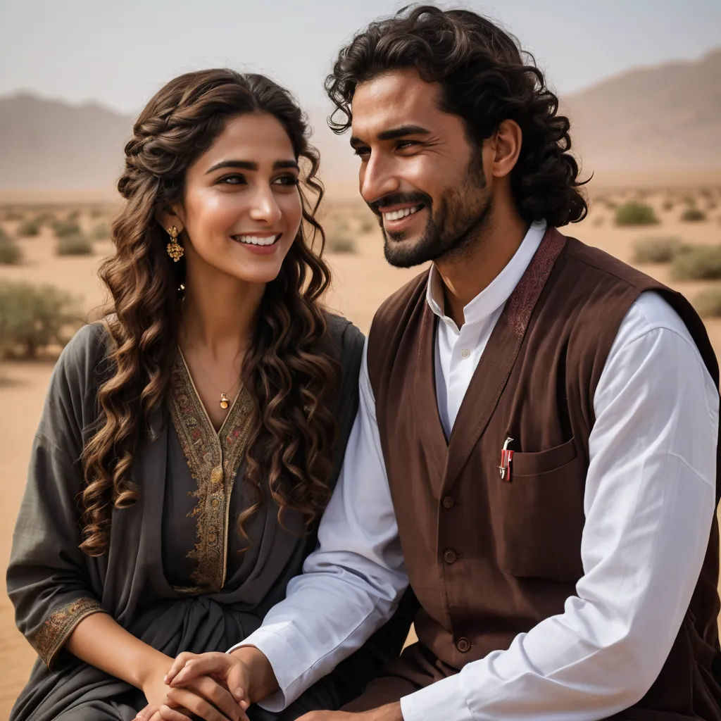 a man and a woman sitting on a rock together smiling at the camera, with mountains in the background, hurufiyya, a poster, Fathi Hassan, movie still