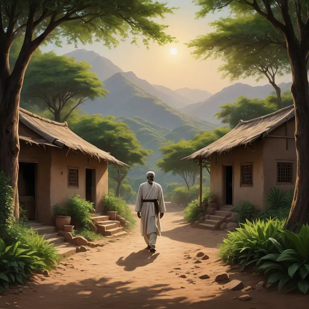 a man walking down a dirt road past a forest filled with trees and houses with a mountain range in the background, afrofuturism, a detailed matte painting, Christophe Vacher, cinematic matte painting