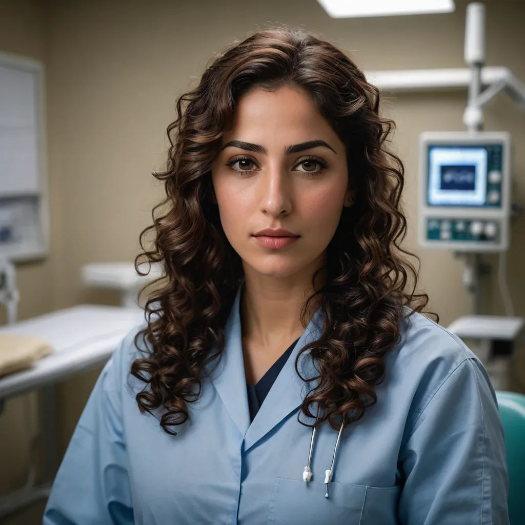 a woman in a blue scrub suit sitting in a dental room with a monitor on the wall behind her, dau-al-set, a character portrait, Arthur Sarkissian, promotional image