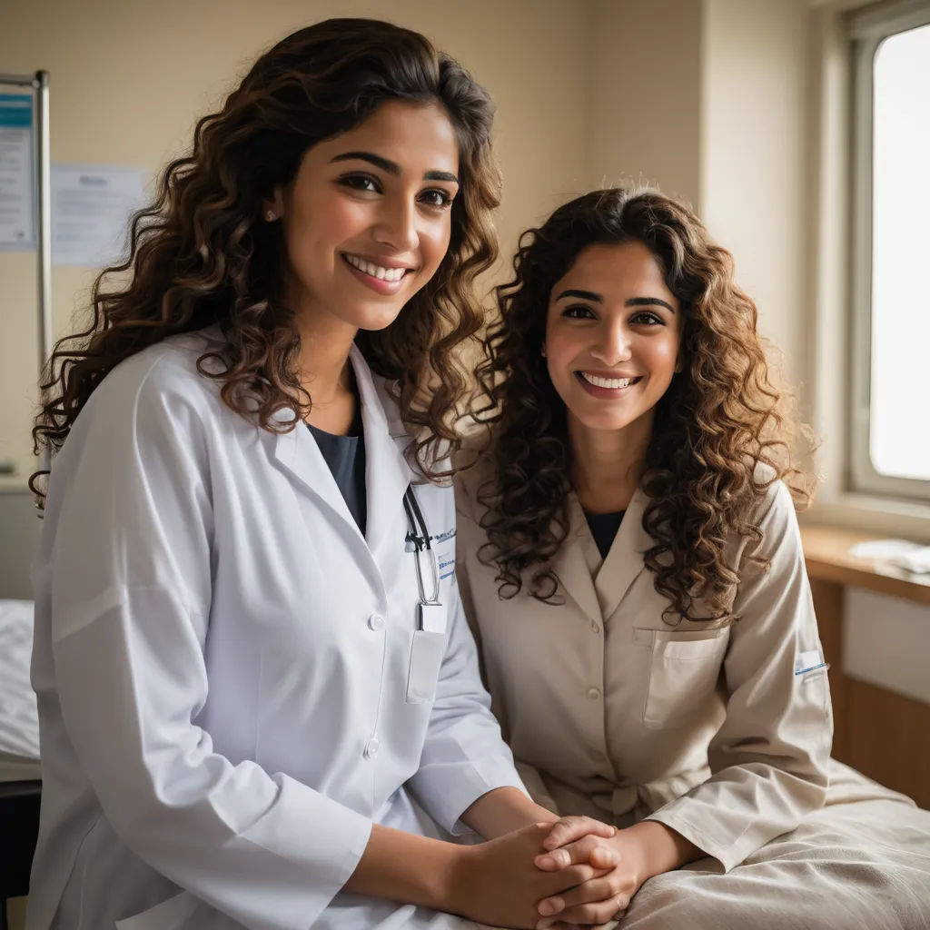 two women in white coats sitting next to each other in a hospital room together, one of them is smiling, neoplasticism, a stock photo, Ella Guru, promotional image