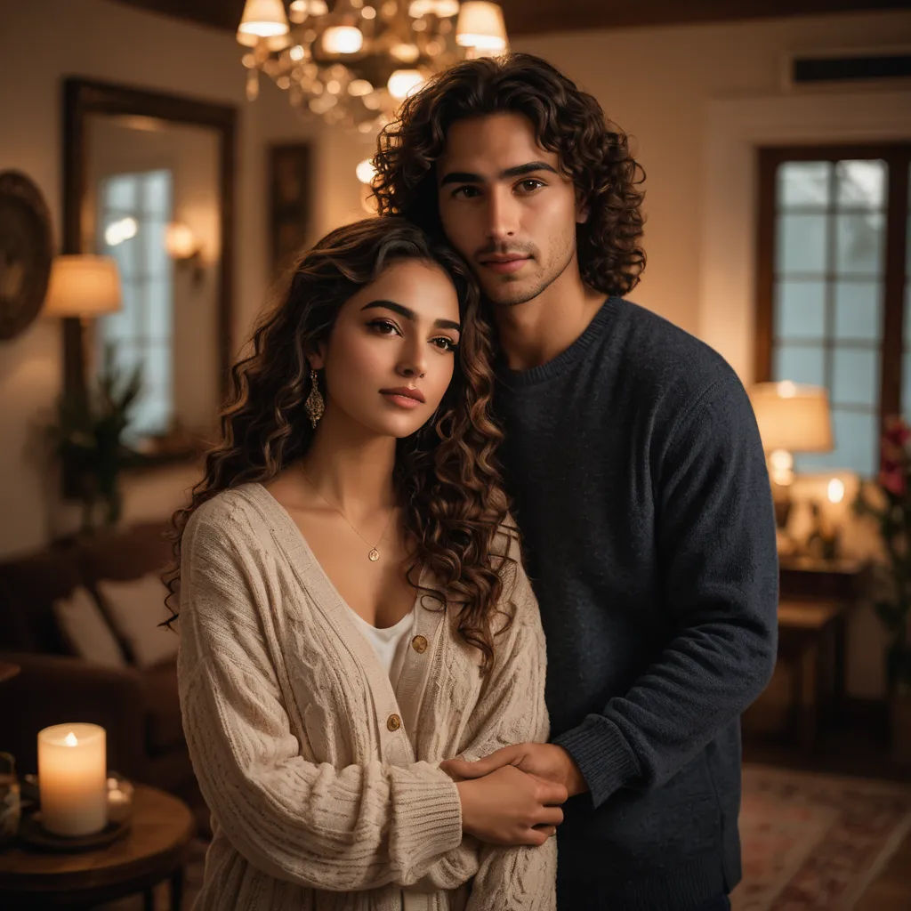 a man and a woman standing in a living room together with a candle in the background and a chandelier hanging from the ceiling, aestheticism, an impressionist painting, Arthur Sarkissian, promotional image