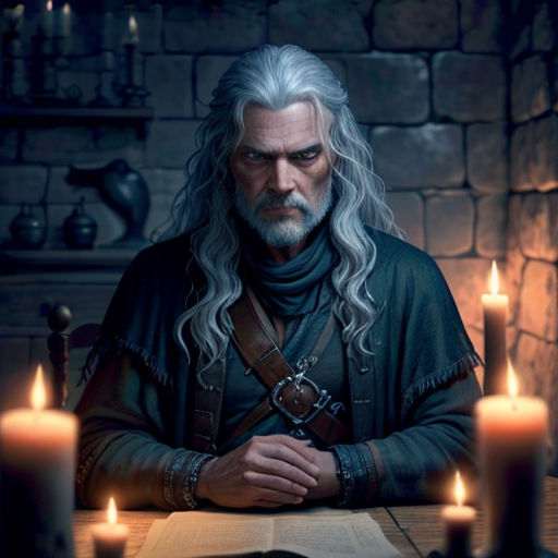 a man with long white hair and a beard sitting at a table with candles in front of him and a book