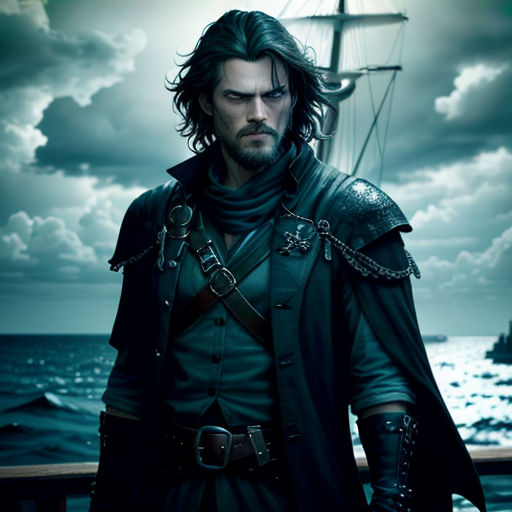 a man in a black outfit standing on a deck near the ocean with a ship in the background and a cloudy sky