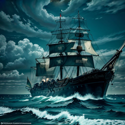 a ship in the ocean with a full moon in the background and clouds in the sky above it, with a full moon in the sky