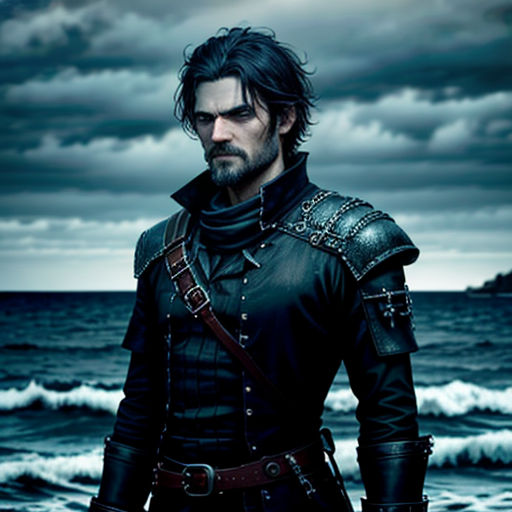 a man in a black outfit standing on a beach near the ocean with a knife in his hand and a knife in his other hand