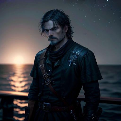 a man in a black outfit standing on a boat in the ocean at night with the sun setting behind him