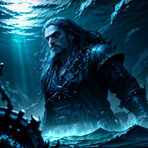 a man in a black outfit standing in the ocean with a ship in the background and a light shining on him