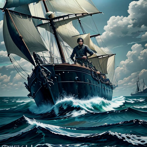 a man standing on top of a boat in the ocean with a sky background and clouds above him,