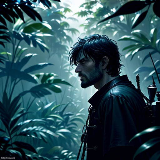 a man with a gun in a jungle with trees and plants behind him, in the background is a light from the sun