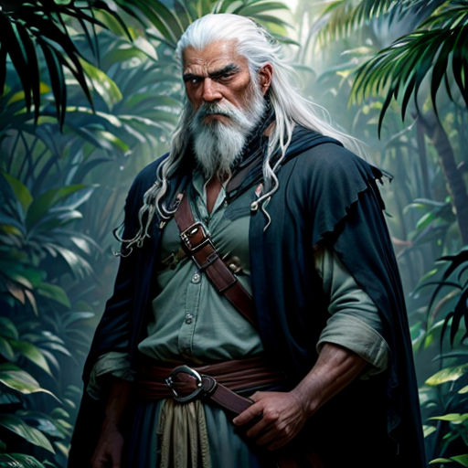 a man with a beard and a beard in a jungle with palm trees and a white beard and a beard