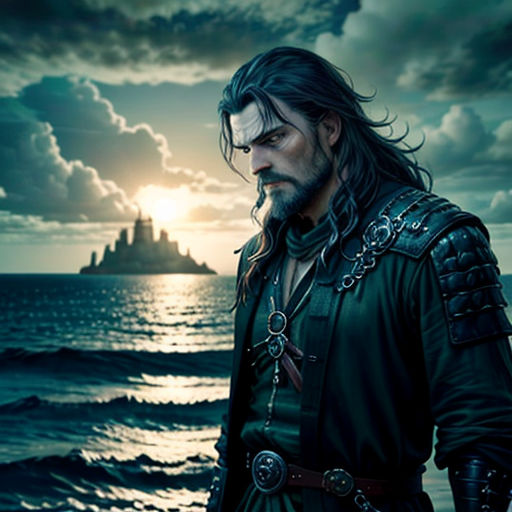 a man in a black outfit standing on a beach next to the ocean with a castle in the background