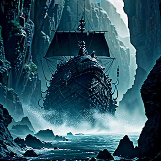 a ship floating in the ocean near a rocky cliff face covered in fog and mist, with a full moon in the sky
