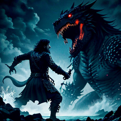 a man standing next to a giant godzilla in a dark sky with clouds and a red light on his face