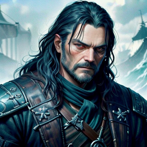 a man in a leather outfit with a sword and a ship in the background, with a ship in the background