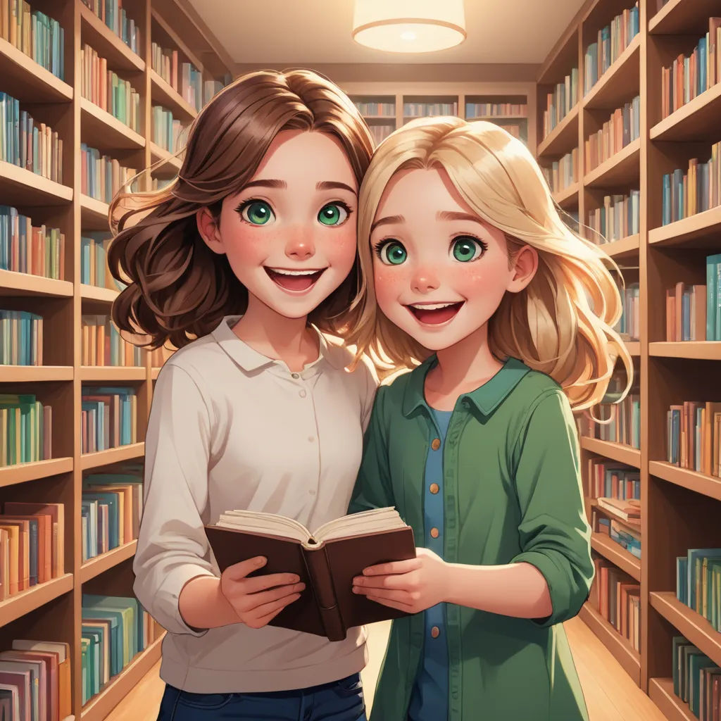 two girls standing in a library reading a book together, with bookshelves in the background and a light on, remodernism, a storybook illustration, Artgerm, official art