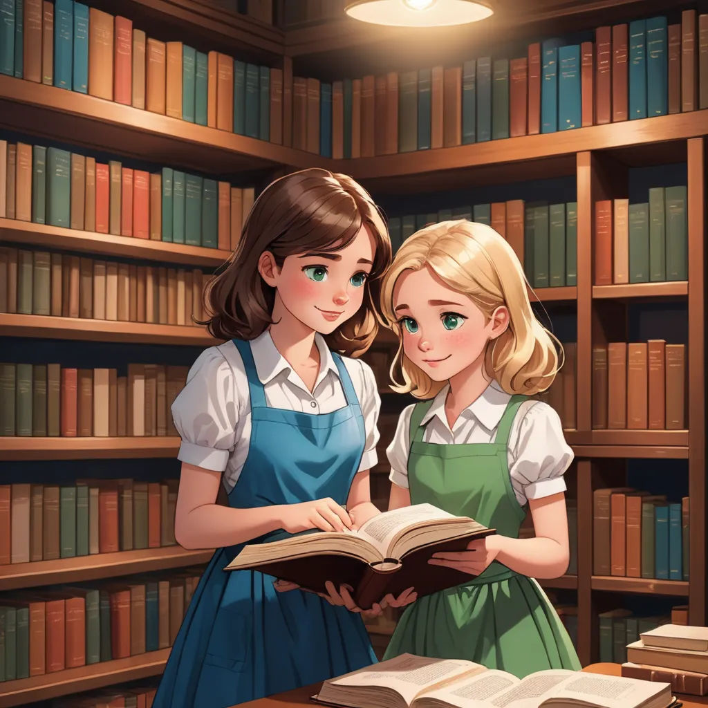 two girls reading a book in a library with bookshelves behind them and a lamp above them,, remodernism, a storybook illustration, Artgerm, storybook illustration