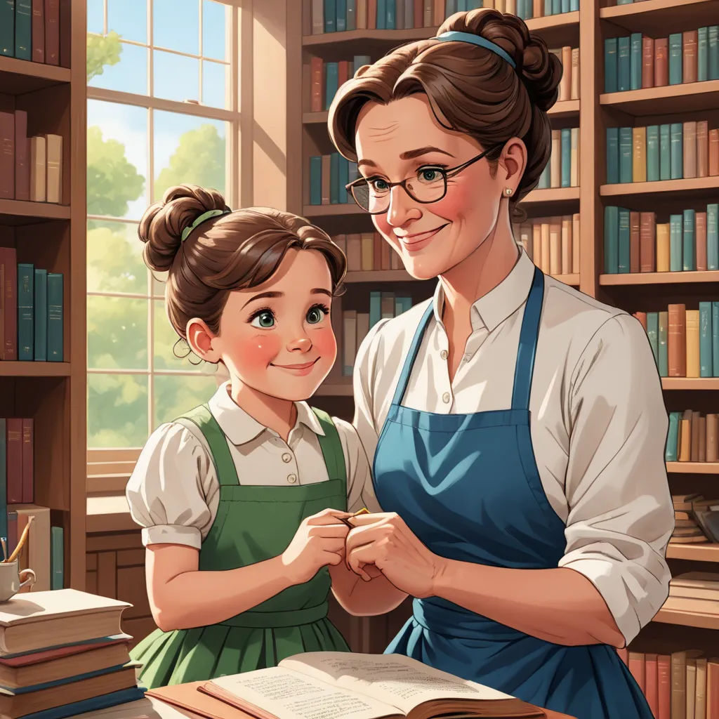 a woman and a girl are standing in front of a bookcase and a bookcase full of books, remodernism, a storybook illustration, Anne Said, storybook illustration