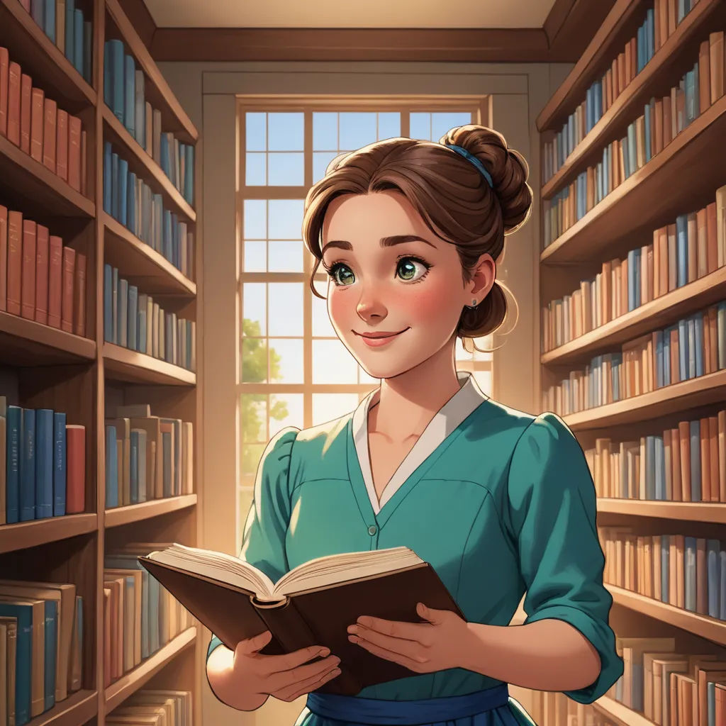 a cartoon girl reading a book in a library with bookshelves behind her and a window with a view of the outside, fantasy art, a storybook illustration, Clarice Beckett, kinkade