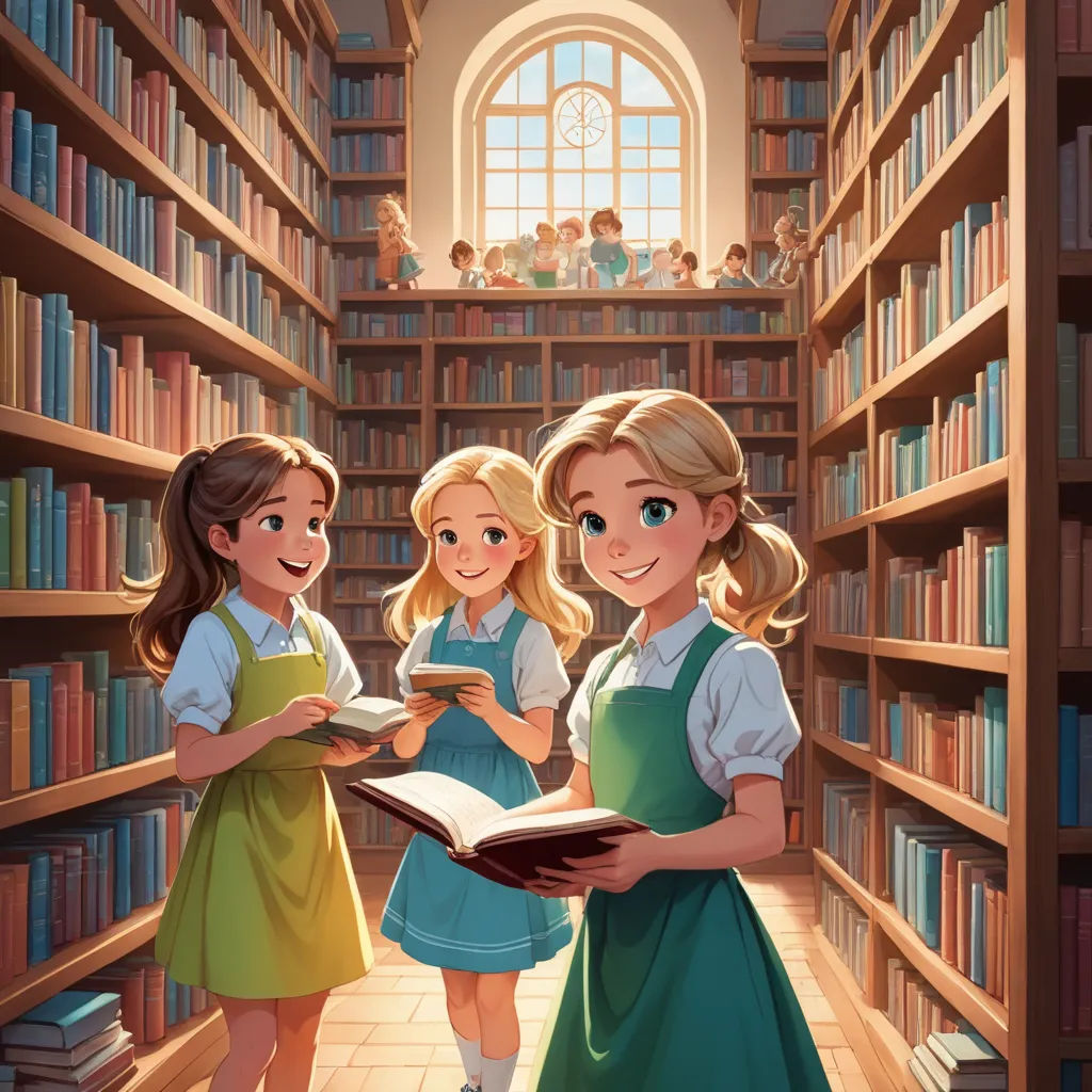 a group of girls standing in a library reading a book together and smiling at the camera with a book in front of them, fantasy art, a storybook illustration, Artgerm, rossdraws global illumination