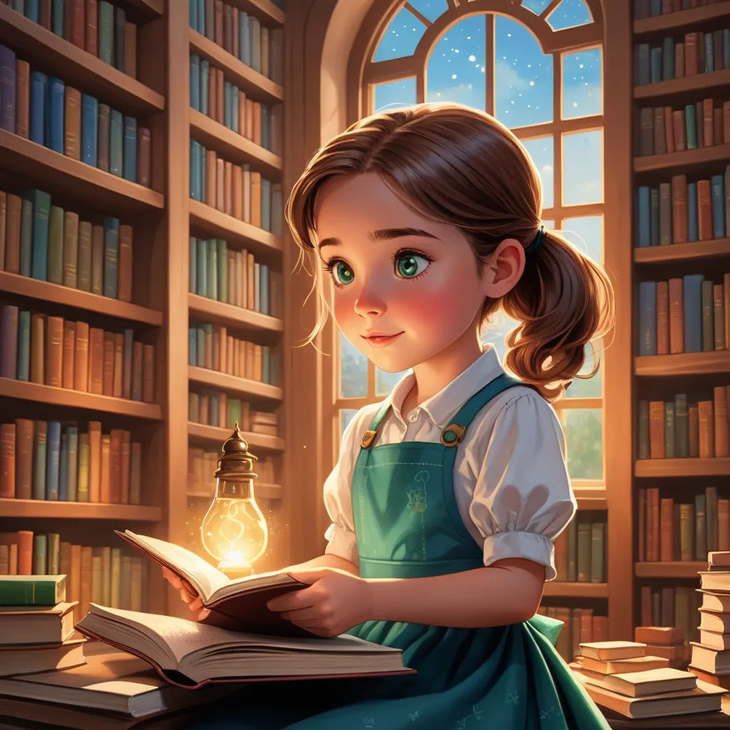 a girl reading a book in a library with a light bulb in her hand and a book in her other hand, fantasy art, a storybook illustration, Artgerm, storybook illustration