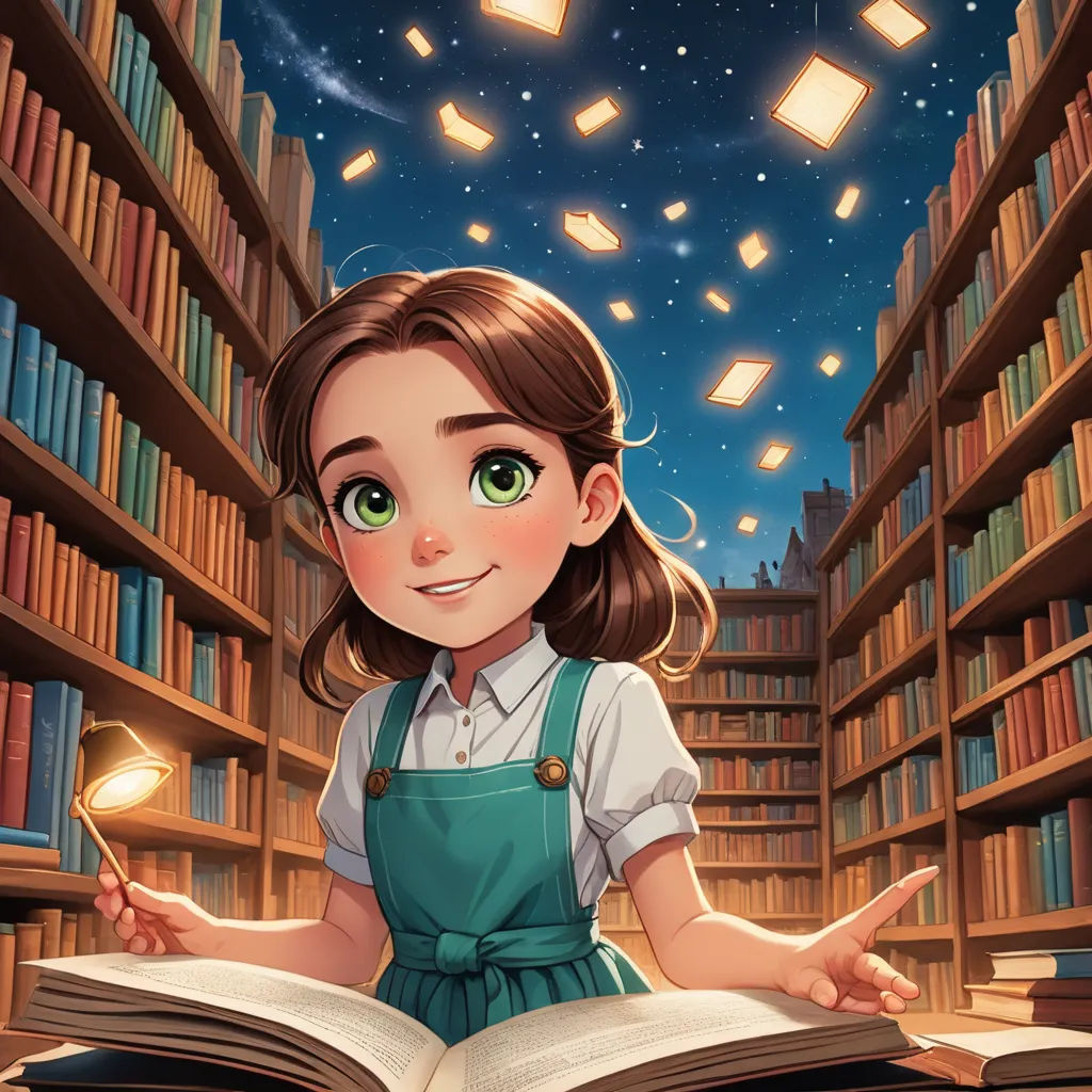 a girl reading a book in a library with books flying overhead and a lot of books floating in the air, fantasy art, a storybook illustration, Cyril Rolando, storybook illustration