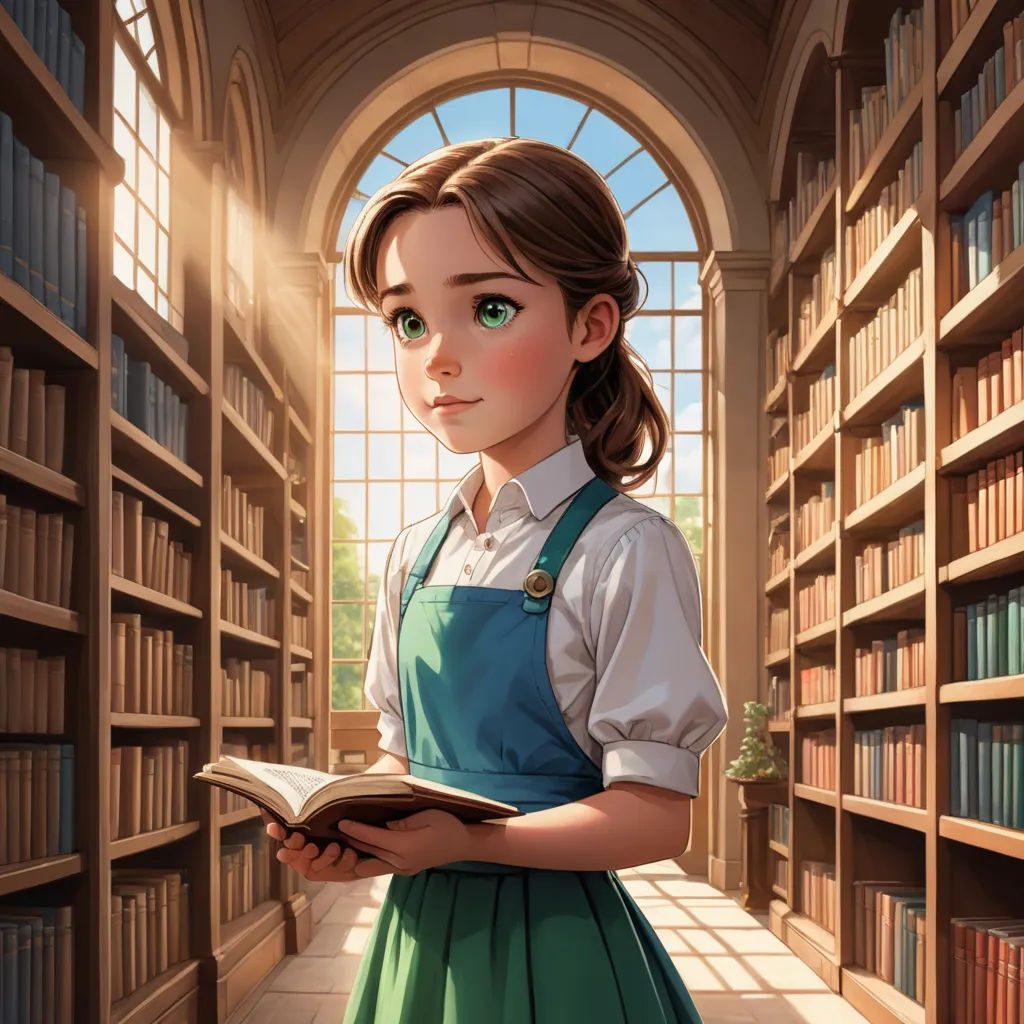a girl in a library reading a book with a green apron on her waist and a green dress on her shoulder, fantasy art, a storybook illustration, Artgerm, rossdraws global illumination