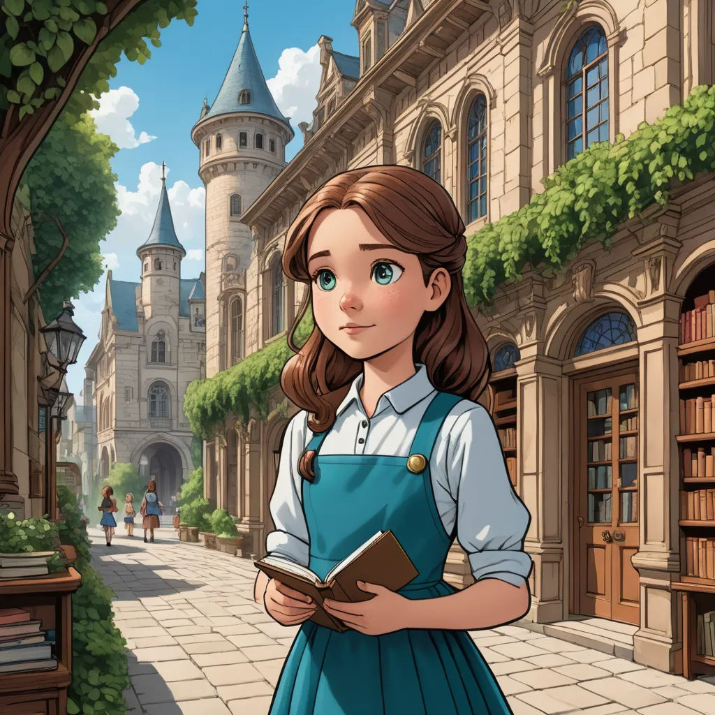 a cartoon girl in a blue dress holding a book in front of a castle like building with a clock tower, fantasy art, a storybook illustration, Clarice Beckett, rossdraws global illumination