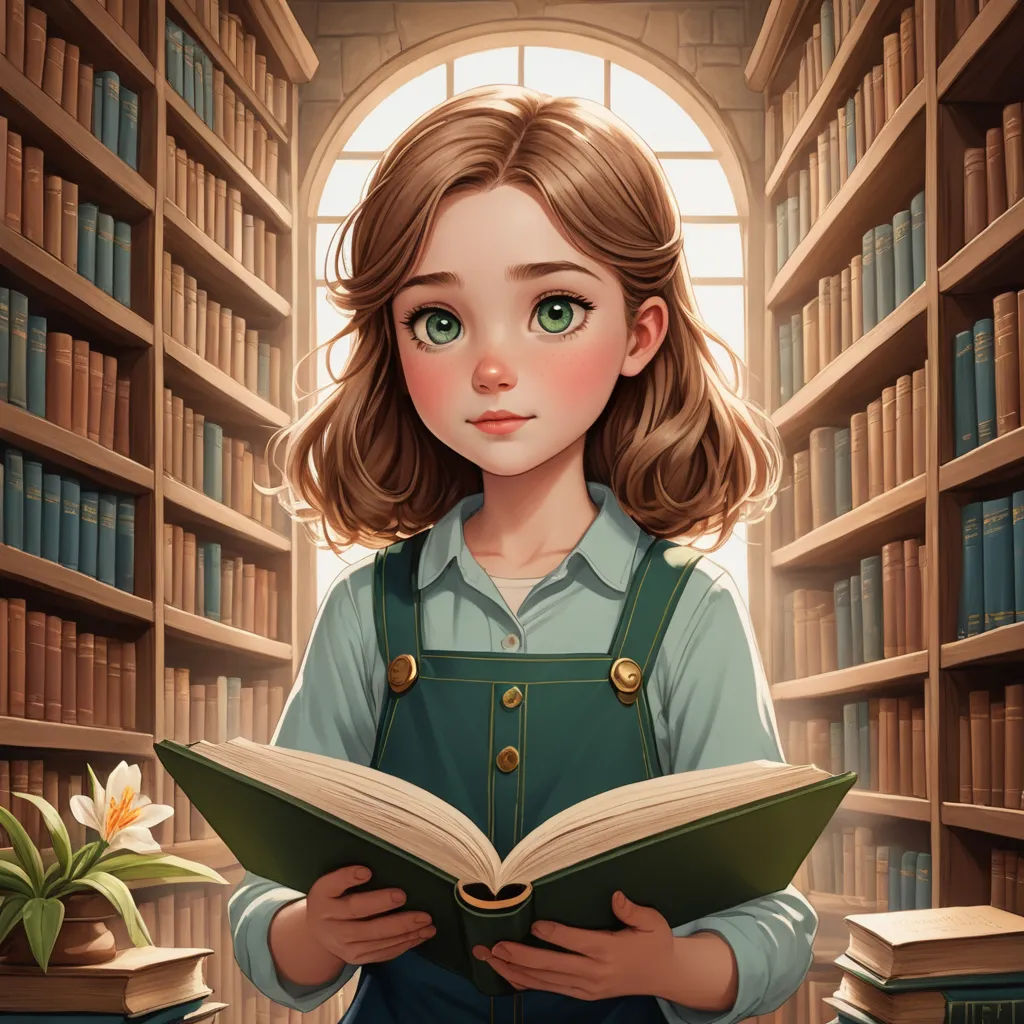 a girl reading a book in a library with a flower in her hand and a book in her other hand, fantasy art, a storybook illustration, Clarice Beckett, storybook illustration