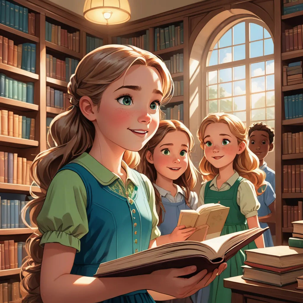 a girl reading a book in a library with other girls looking on from the bookshelf and smiling, fantasy art, a storybook illustration, disney, rossdraws global illumination