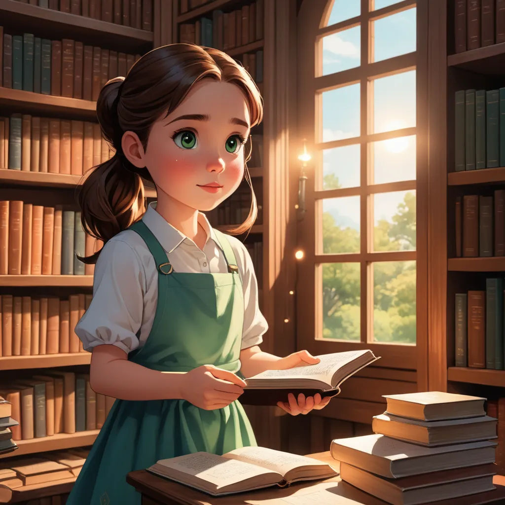 a girl in a green dress is reading a book in a library with a window and bookshelves, fantasy art, a storybook illustration, Clarice Beckett, storybook illustration