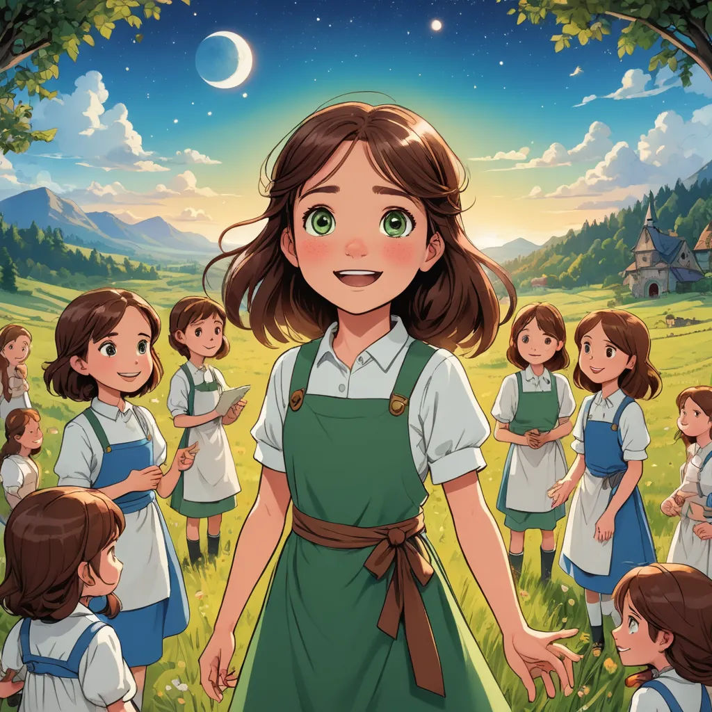 a girl in a green dress standing in front of a group of children in a field with a moon in the sky, rayonism, a storybook illustration, Anne Said, official art