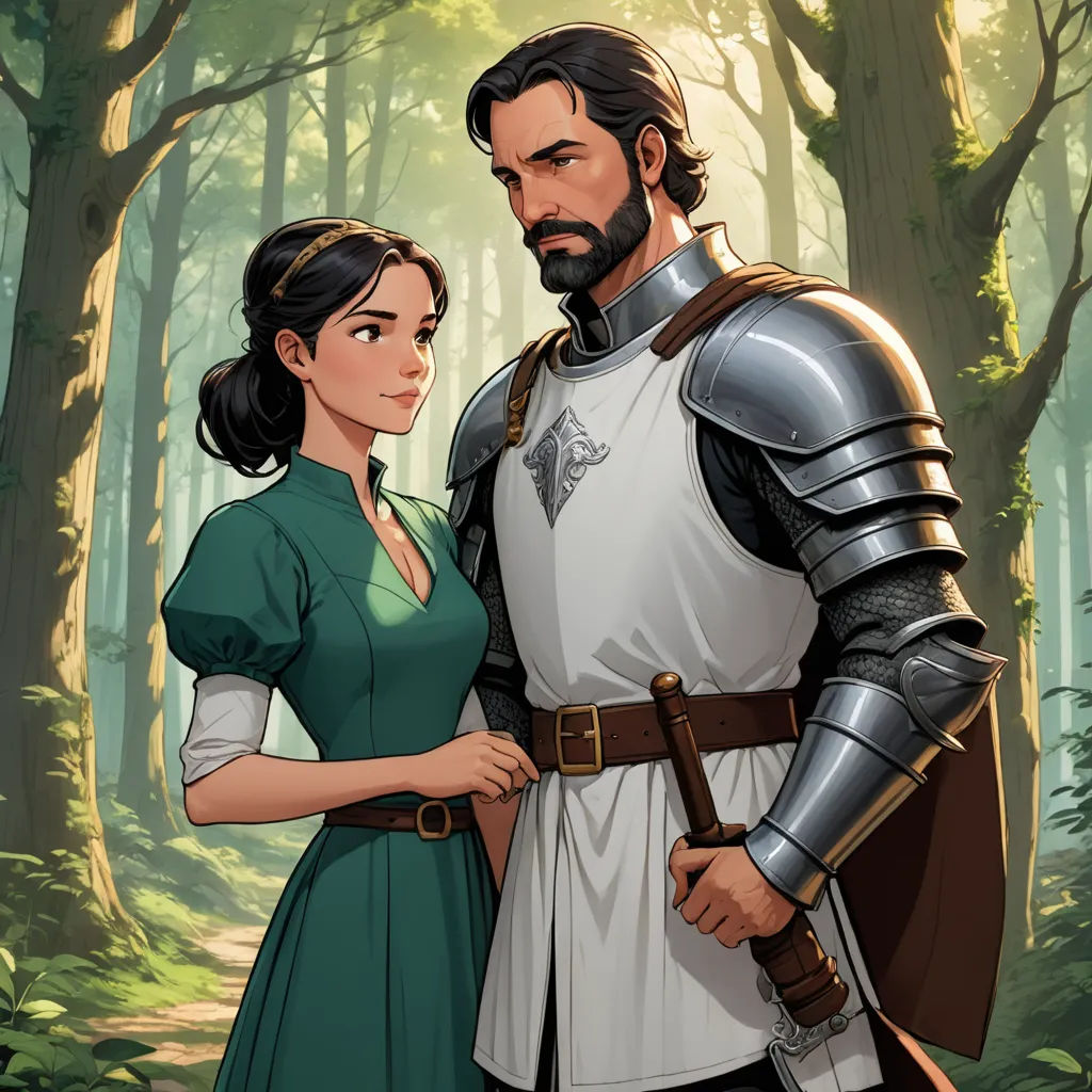 a man and woman in medieval costumes standing in a forest with trees and a path leading to them, one of them is holding a sword, sots art, concept art, Ada Gladys Killins, official art