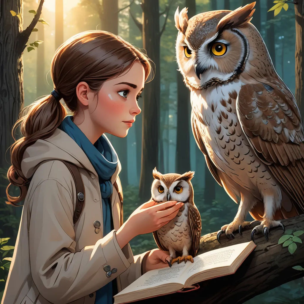 a girl is reading a book with an owl on her arm and a bird perched on her hand, in the woods, fantasy art, a storybook illustration, Charlie Bowater, storybook illustration