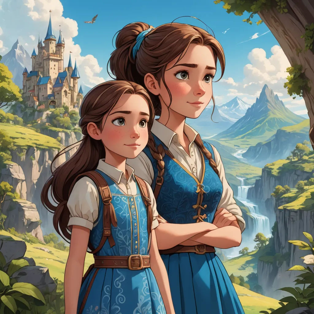 a couple of people standing next to each other near a tree and a castle in the background with a bird flying over it, fantasy art, a storybook illustration, Brothers Hildebrandt, rossdraws global illumination