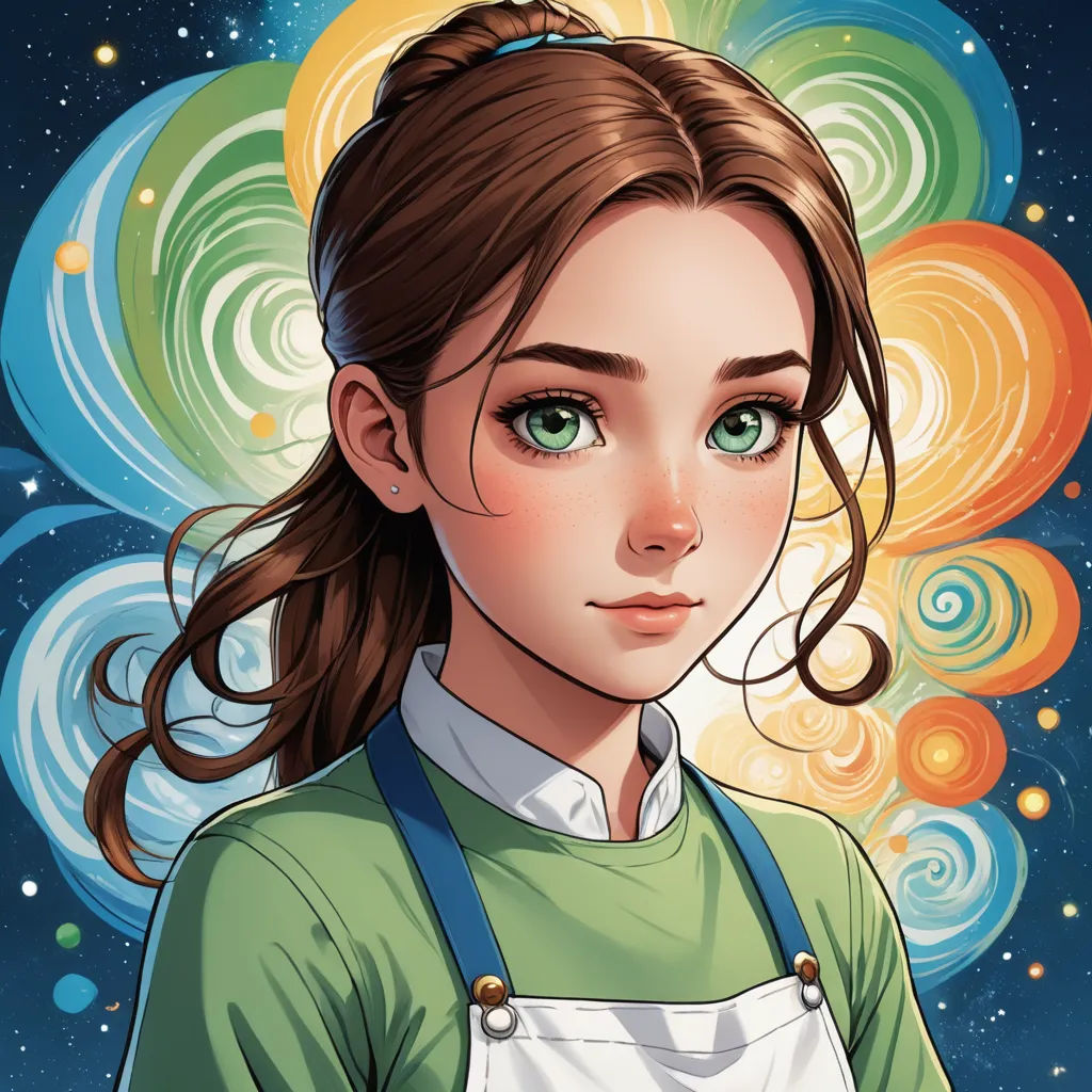 a girl with a green shirt and white apron on her shoulder and a blue and yellow background with circles, space art, a character portrait, Alice Prin, trending on art station