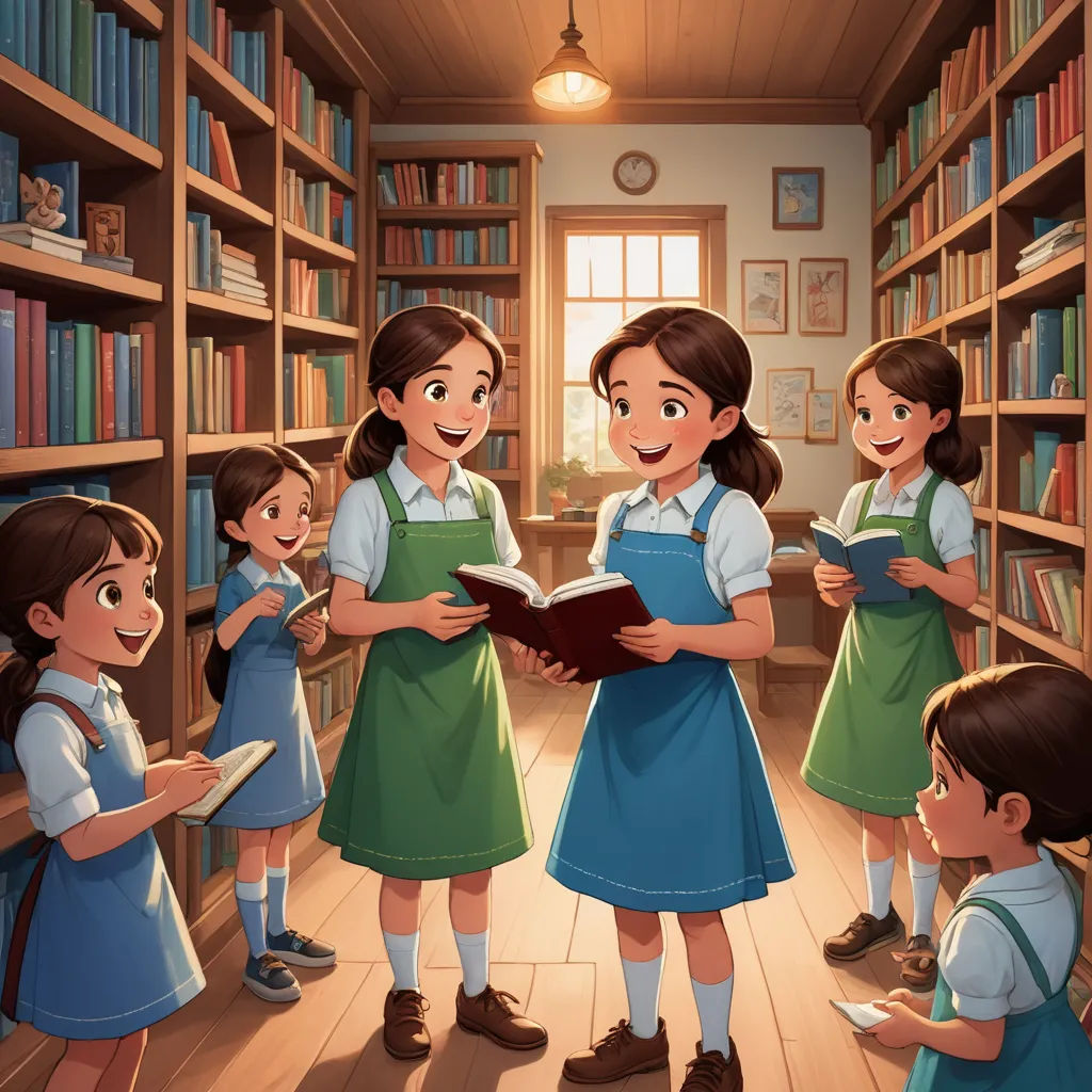 a group of children reading books in a library with a teacher and two children standing in front of them, sots art, a storybook illustration, Diego Gisbert Llorens, official art