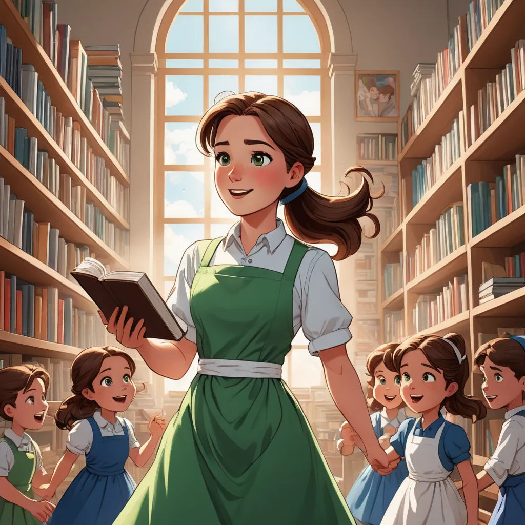 a woman in a green dress is holding a book in a library with children in the background and a window, remodernism, a storybook illustration, Clarice Beckett, official art